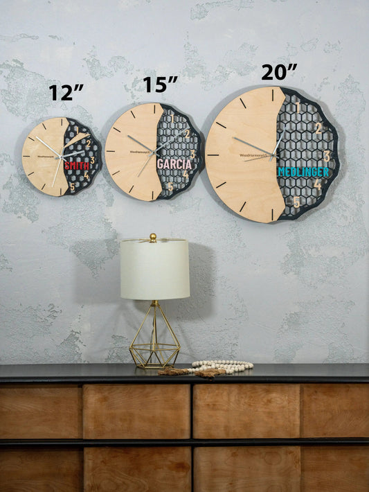 Personalized Wooden Wall Clock — Custom Name Modern Honeycomb Design WoodHarmonyUs