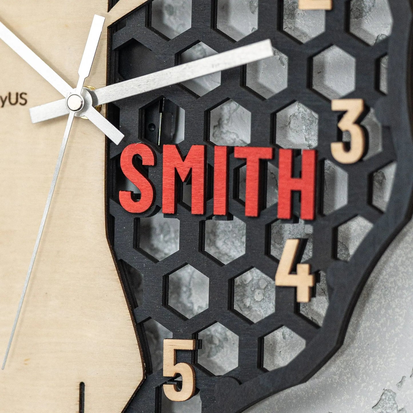 Personalized Wooden Wall Clock — Custom Name Modern Honeycomb Design WoodHarmonyUs