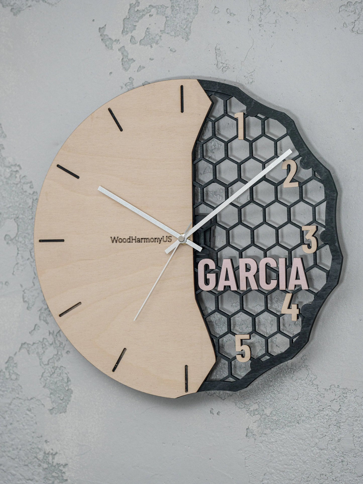 Personalized Wooden Wall Clock — Custom Name Modern Honeycomb Design | Baltic Birch Premium Gift WoodHarmonyUs