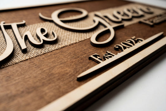 Personalized 3D wood and burlap family name sign with established date