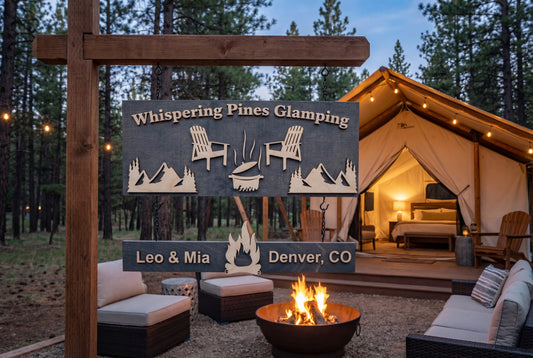 Hanging personalized campsite wood sign with custom family name