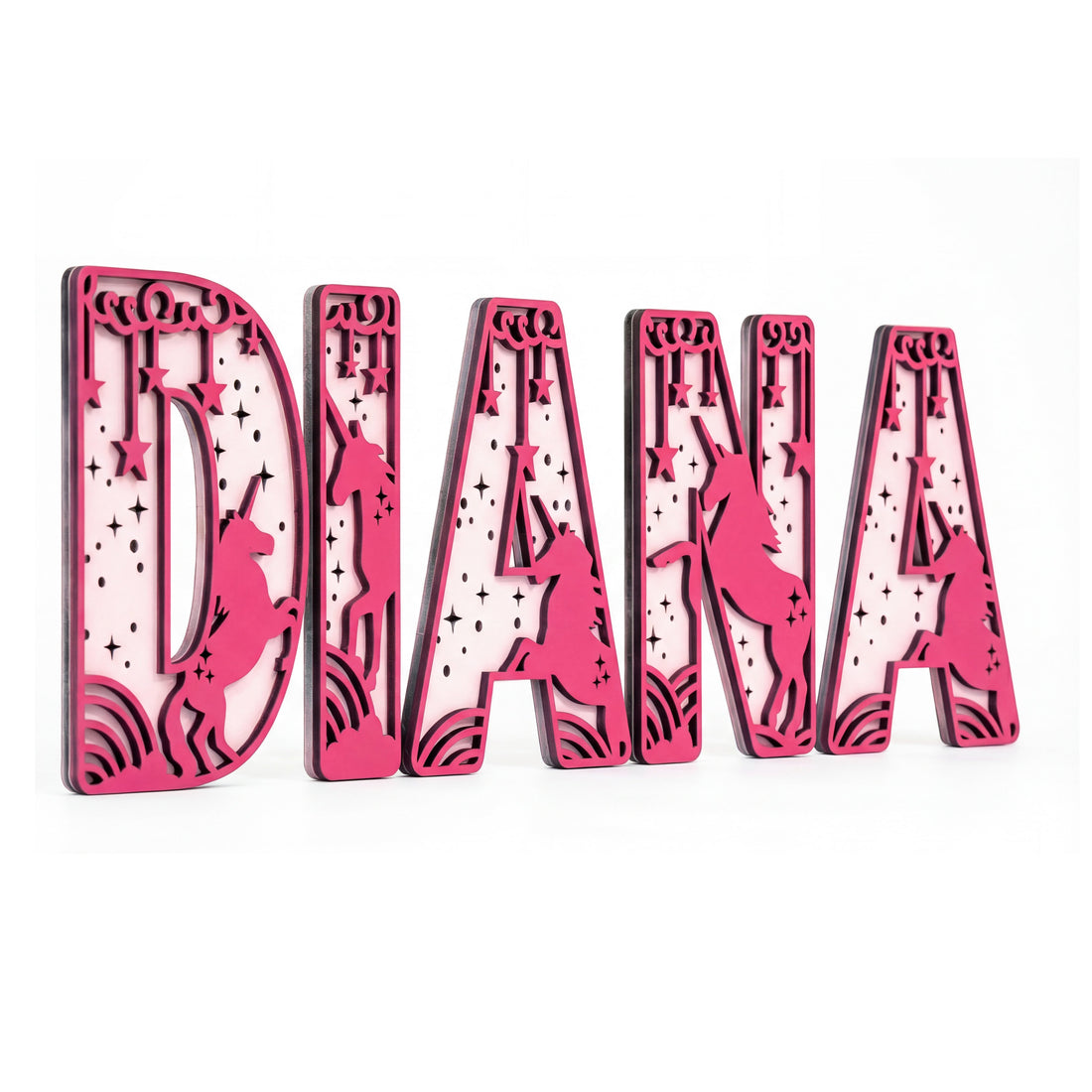Personalized pink unicorn wood sign for kids room decor, custom laser cut name sign for nursery wall art.
