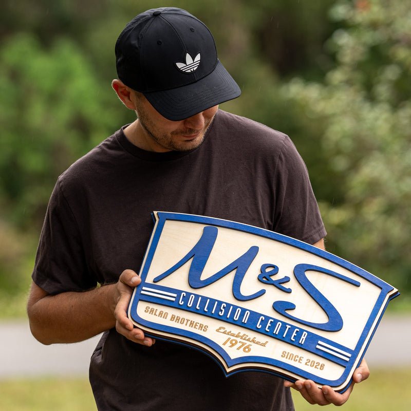 Classic 3D Wood Shield Sign: A Legacy Piece for M&S Collision Center