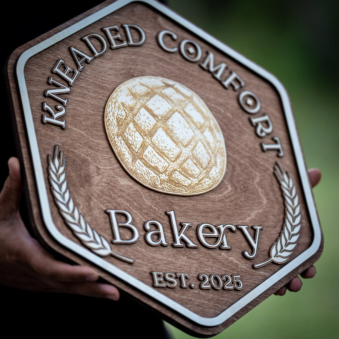 Custom layered wooden Kneaded Comfort Bakery sign and matching Sourdough plaque made from Baltic Birch plywood