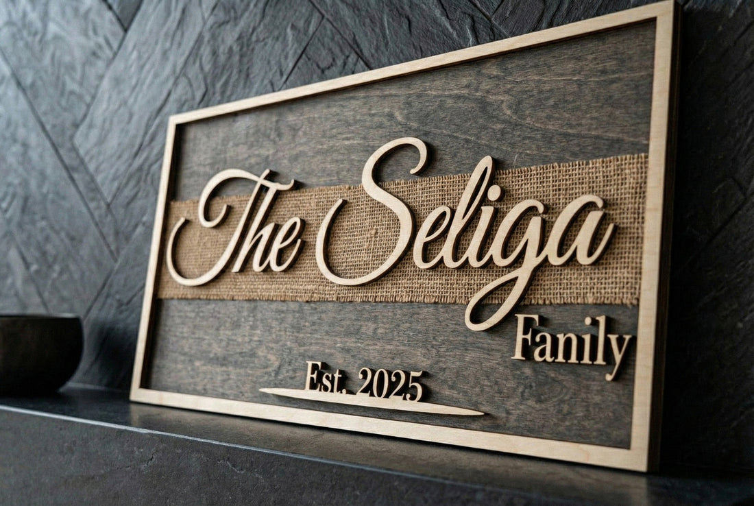 Rustic modern farmhouse sign for The Green Family featuring real burlap backing and 3D wooden letters. Styled on a wooden console table with cotton stems in a vase and candles.