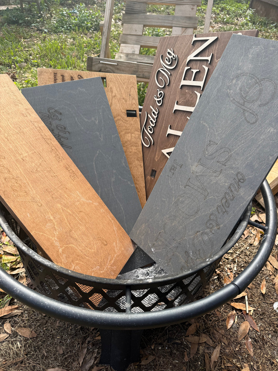 High quality Baltic Birch plywood scraps in fire pit, quality control process for custom laser engraved wood signs.