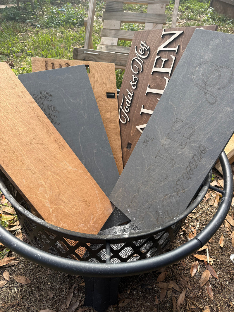 High quality Baltic Birch plywood scraps in fire pit, quality control process for custom laser engraved wood signs.