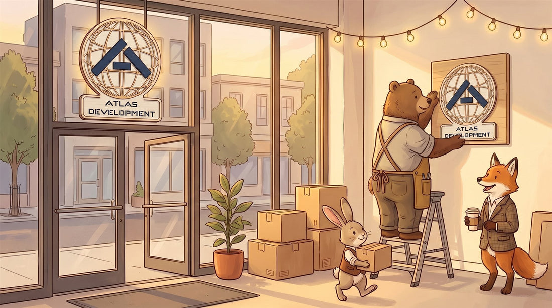 Storybook illustration of a bear craftsman mounting the Atlas Development wood sign in a new office while the first office with the same larger sign is visible across the street