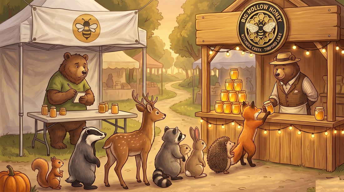 Storybook illustration of a farmers market where animals line up at a honey stall with a carved wood Big Hollow Honey sign, while the stall next door with a vinyl banner stands empty