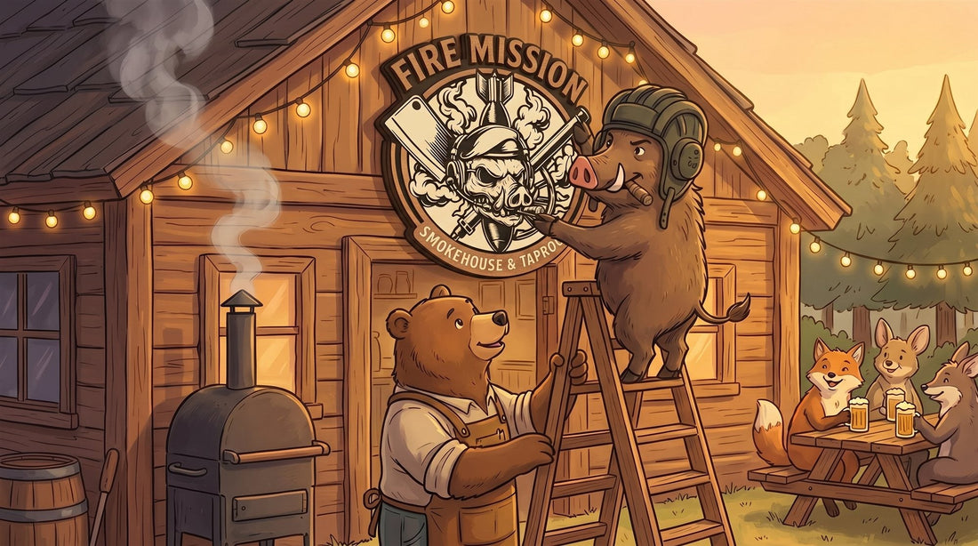 Storybook illustration of a cartoon boar in a tanker helmet mounting the real Fire Mission Smokehouse and Taproom layered wood sign above a smokehouse door while a bear craftsman steadies the ladder