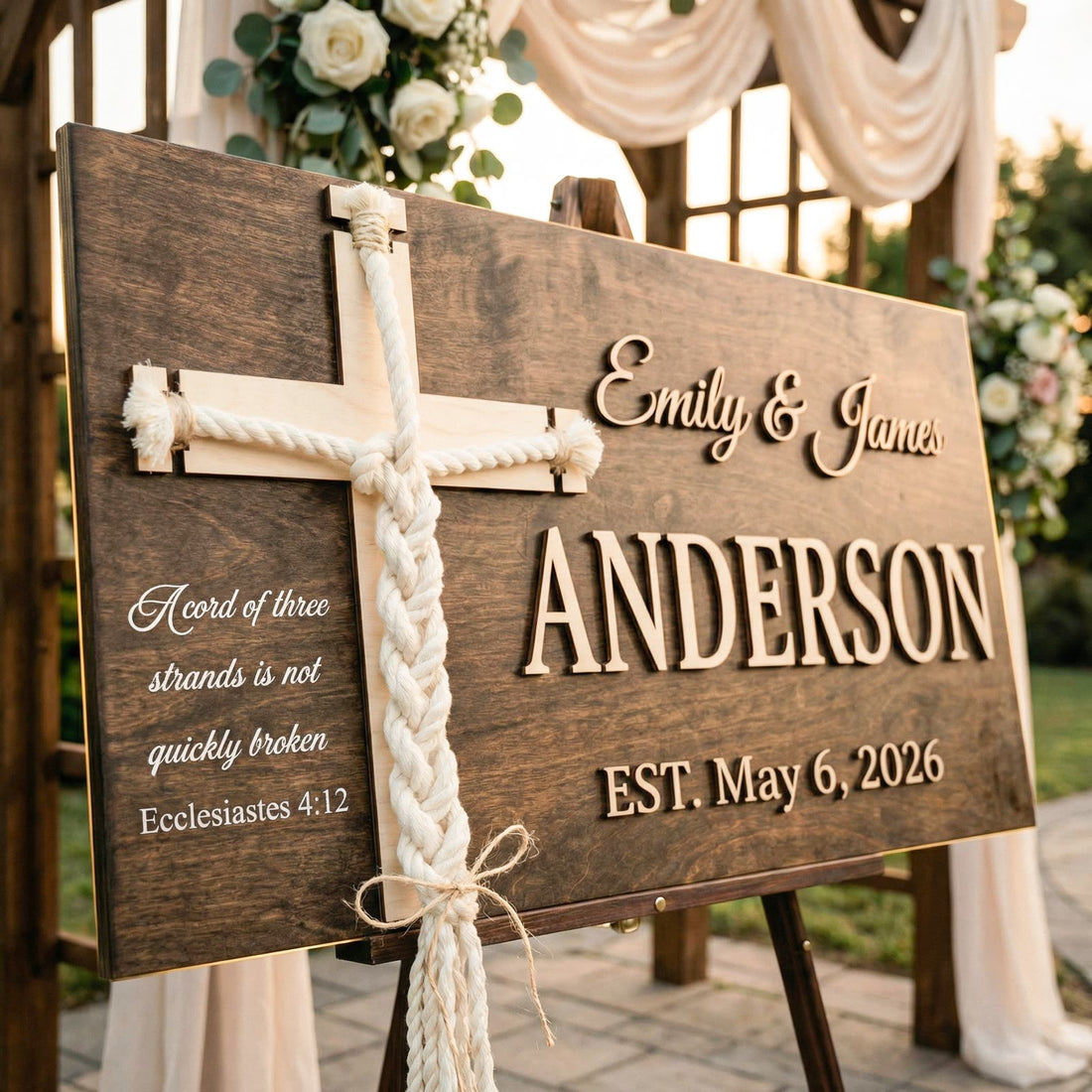 Personalized Cord of Three Strands wedding sign with white letters, names and date