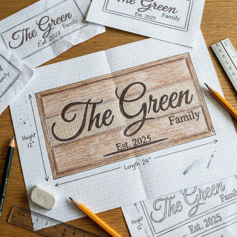 Design sketch and burlap material samples for Green family custom wood sign showing creative process and material selection