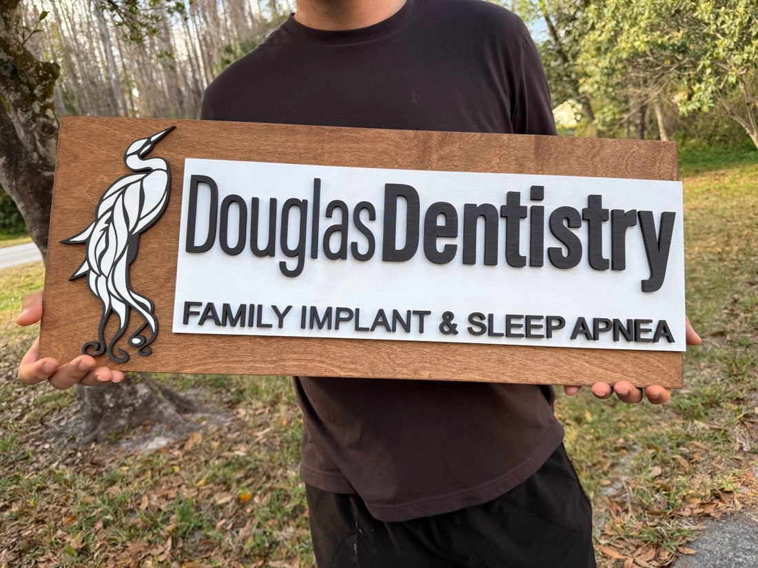 Custom reception sign for dental office featuring clean professional design with Baltic Birch and precision laser cutting