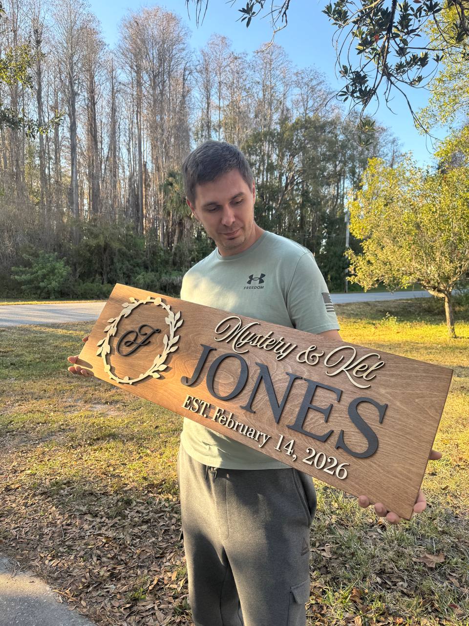 Large 11.5x40 inch personalized family name sign "Jones" for fireplace mantel decor. Custom handmade wooden anniversary gift made of Baltic Birch in Tampa by WoodHarmonyUS.