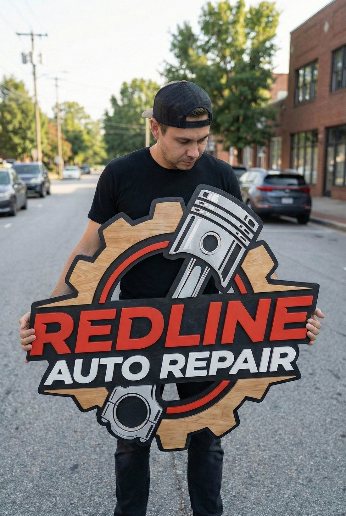 Andrey holding a multi-layered personalized business sign for Redline Auto Repair. Custom 3D logo sign installed in an auto shop lobby in Tampa, handmade by WoodHarmonyUS.