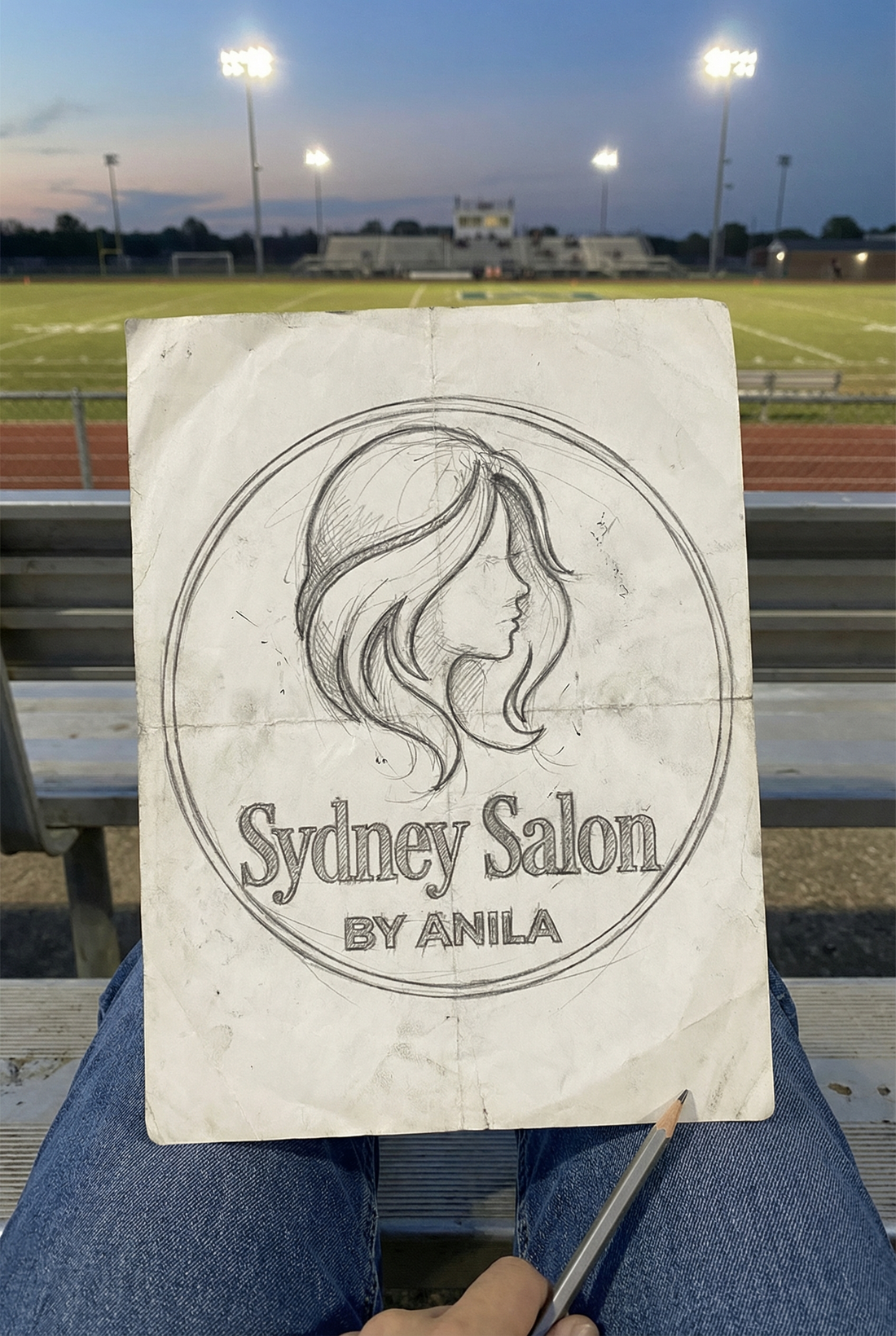 Hand-drawn pencil sketch of Sydney Salon logo design created during soccer practice showing custom sign design process
