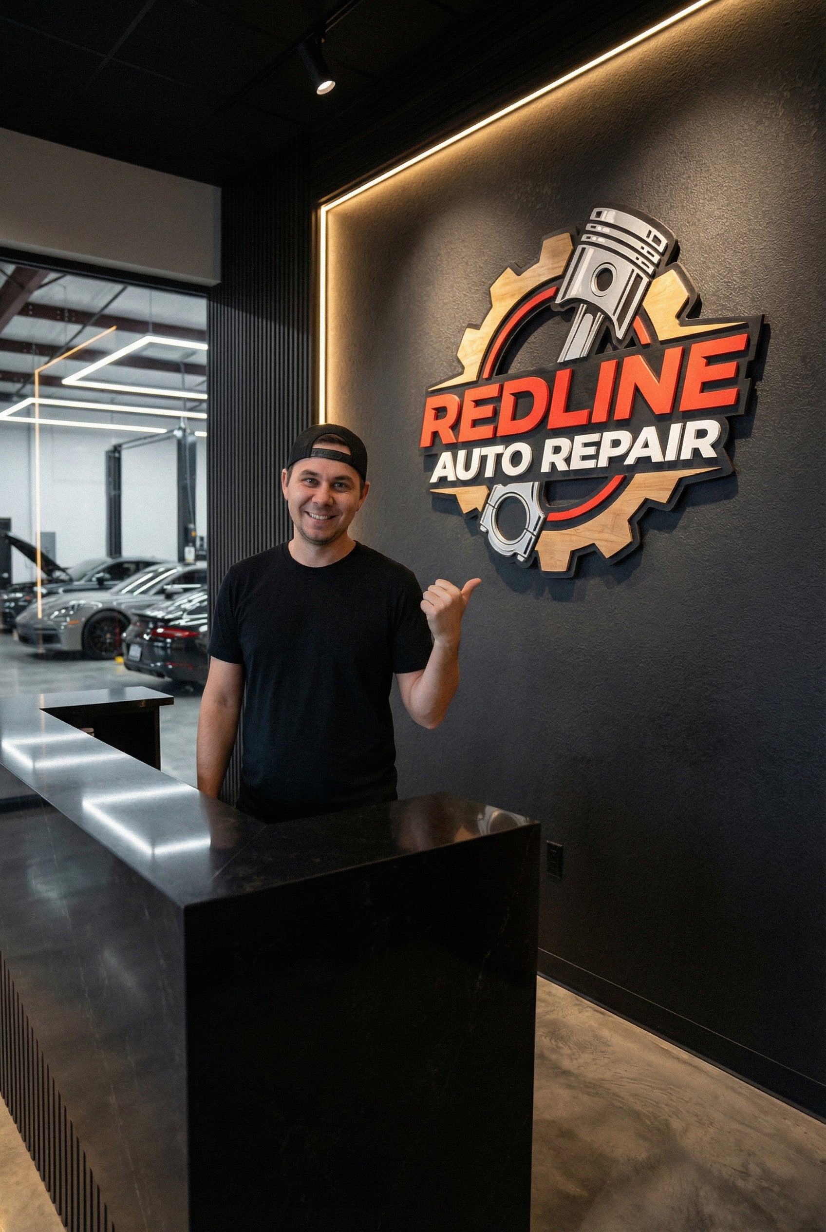 3D wood logo sign installed on a shop wall, custom office reception branding, large wooden wall art for business interior.