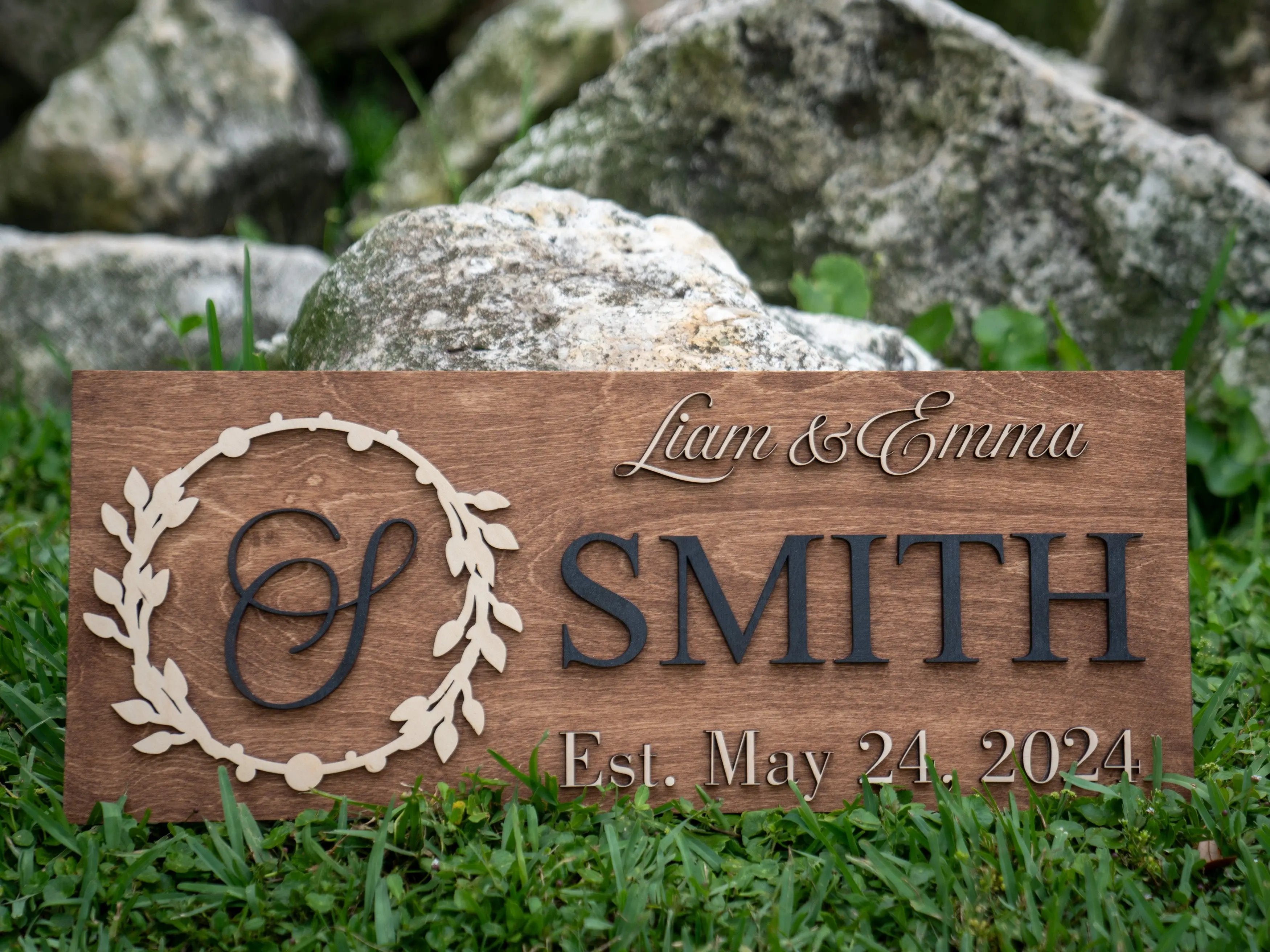 Classic monogram family sign 3D raised letters Baltic Birch detail