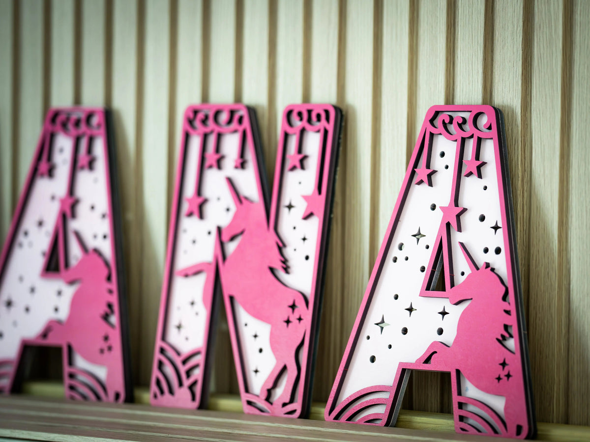 Personalized UNICORN DREAMS Name Sign | Custom Nursery Decor | Girls Themed Cut-Out Name Sign | Layered Wooden Name Sign for Kids Room