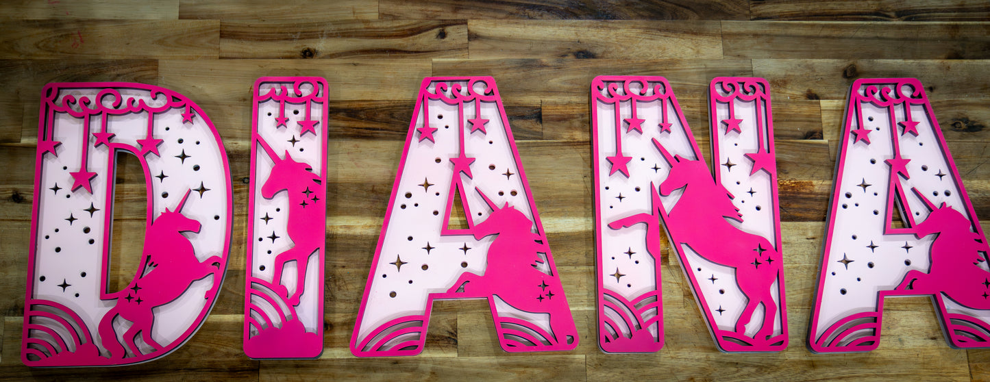 Personalized UNICORN DREAMS Name Sign | Custom Nursery Decor | Girls Themed Cut-Out Name Sign | Layered Wooden Name Sign for Kids Room