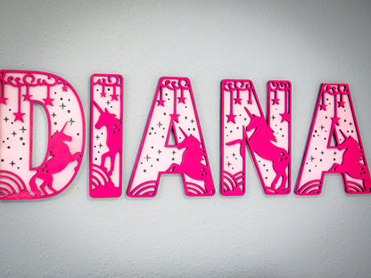 Personalized UNICORN DREAMS Name Sign | Custom Nursery Decor | Girls Themed Cut-Out Name Sign | Layered Wooden Name Sign for Kids Room