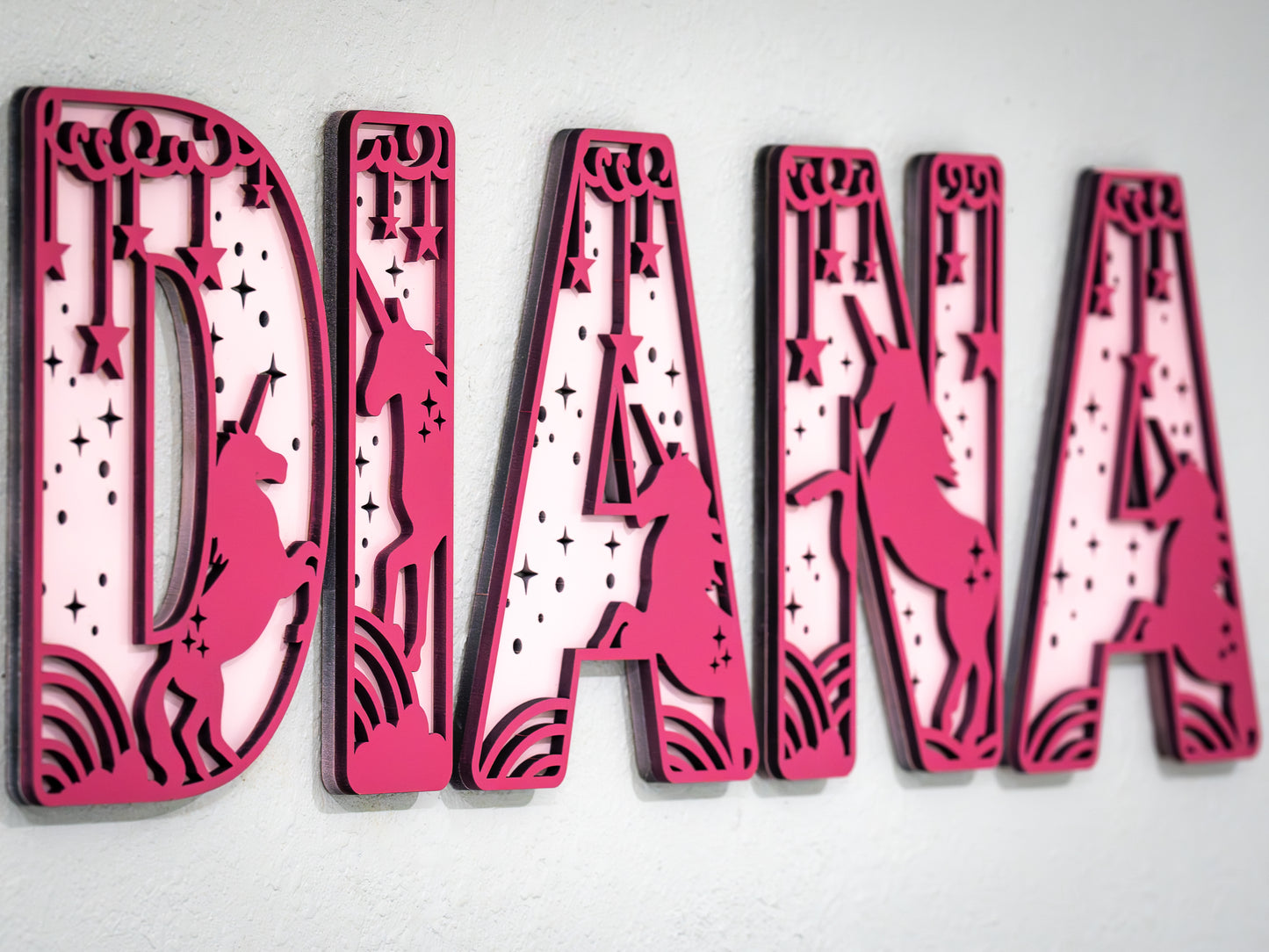 Personalized UNICORN DREAMS Name Sign | Custom Nursery Decor | Girls Themed Cut-Out Name Sign | Layered Wooden Name Sign for Kids Room
