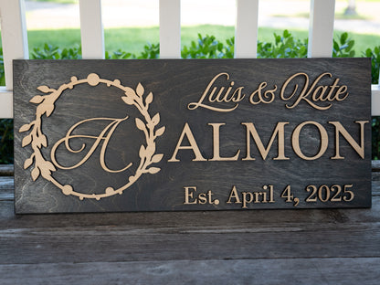 Custom Family Name Sign | Personalized Wooden Wedding Gift | Rustic Last Name Wood Plaque | Established Date Sign |Аnniversаrу (Almon Style)