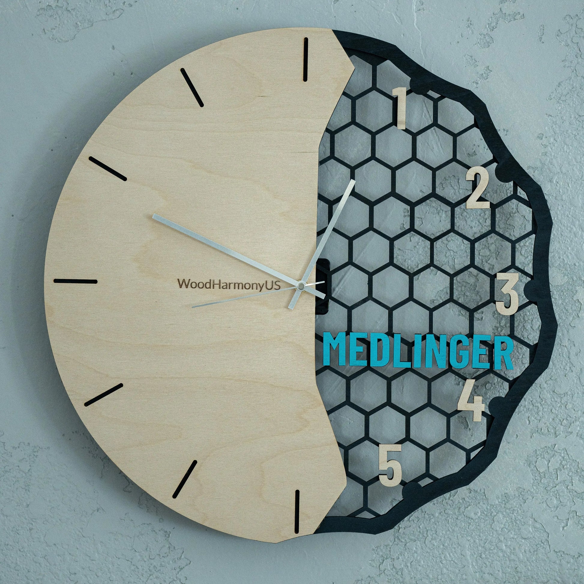 Personalized Wooden Wall Clock — Custom Name Modern Honeycomb Design | Baltic Birch Premium Gift WoodHarmonyUs