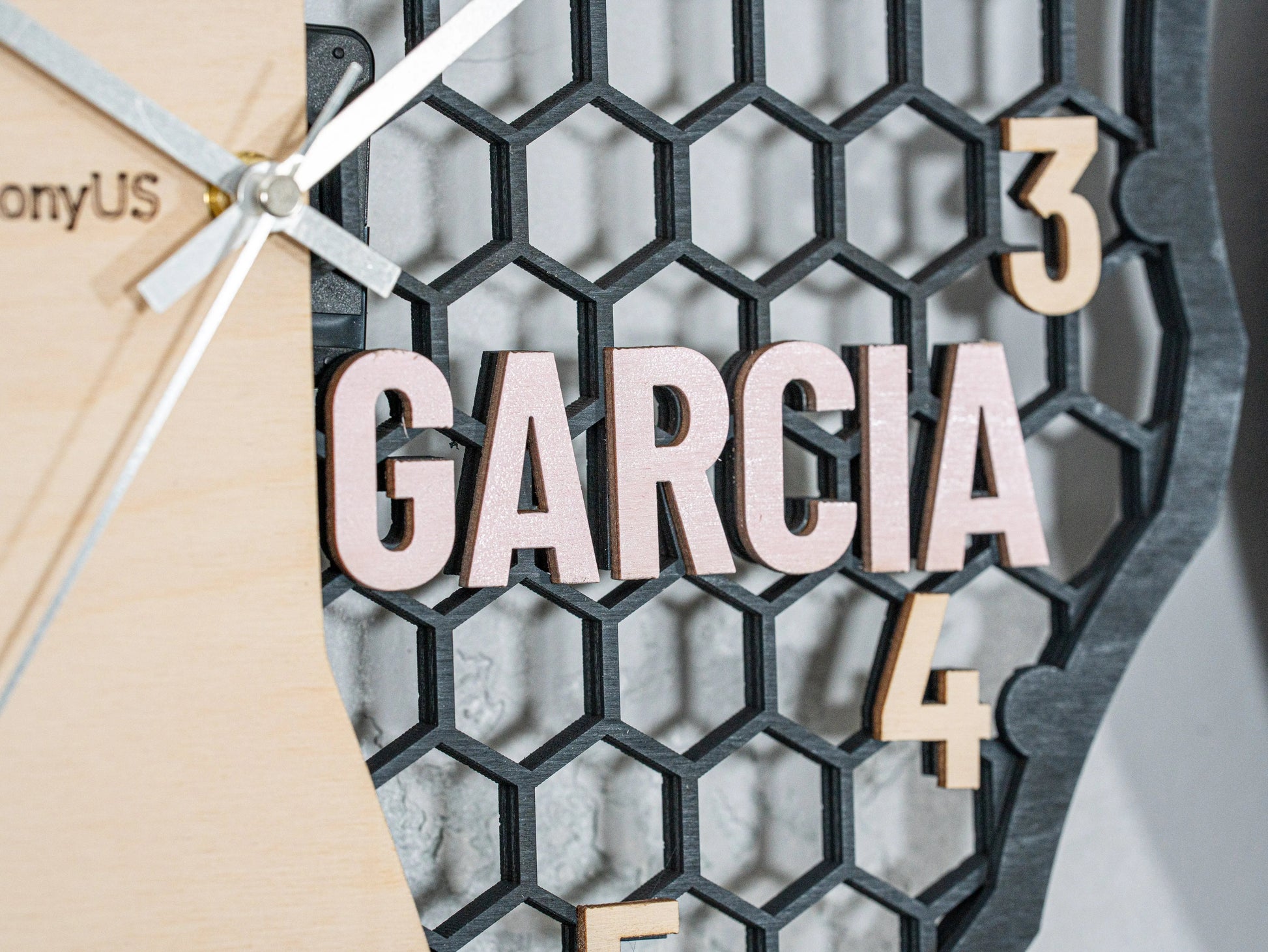 Personalized Wooden Wall Clock — Custom Name Modern Honeycomb Design | Baltic Birch Premium Gift WoodHarmonyUs