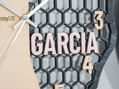 Personalized Wooden Wall Clock — Custom Name Modern Honeycomb Design | Baltic Birch Premium Gift WoodHarmonyUs