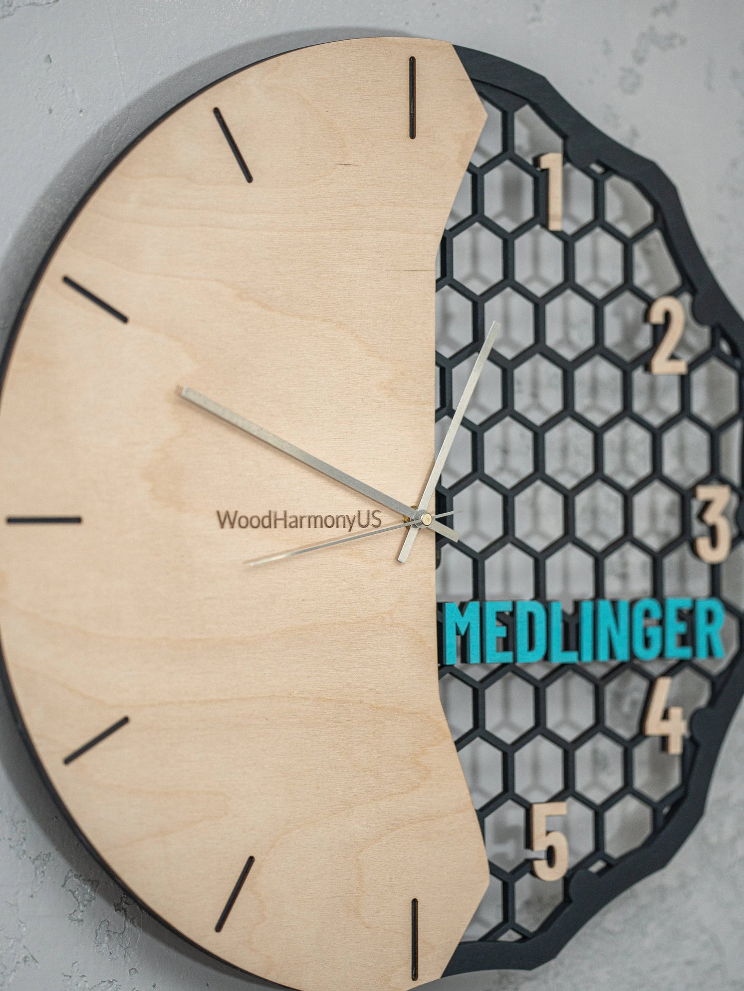 Personalized Wooden Wall Clock — Custom Name Modern Honeycomb Design | Baltic Birch Premium Gift WoodHarmonyUs