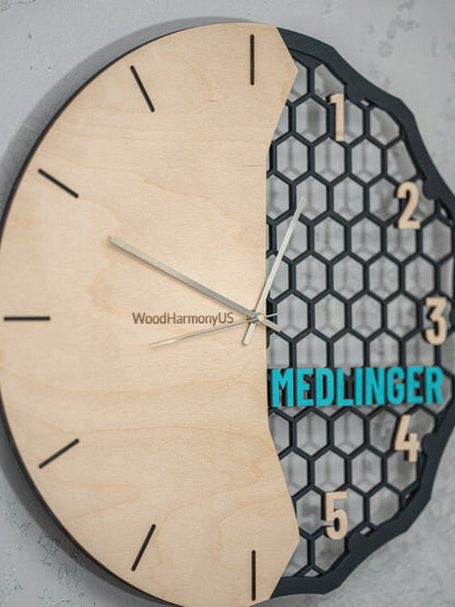Personalized Wooden Wall Clock — Custom Name Modern Honeycomb Design | Baltic Birch Premium Gift WoodHarmonyUs