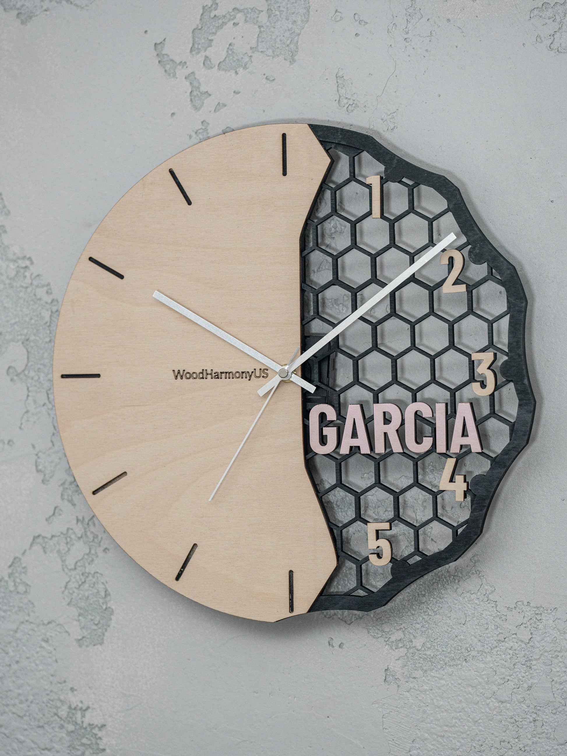 Personalized Wooden Wall Clock — Custom Name Modern Honeycomb Design | Baltic Birch Premium Gift WoodHarmonyUs