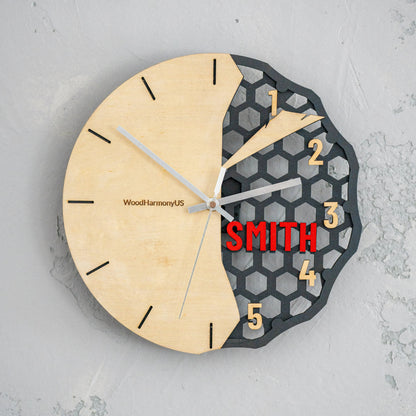 Personalized Wooden Wall Clock — Custom Name Modern Honeycomb Design WoodHarmonyUs