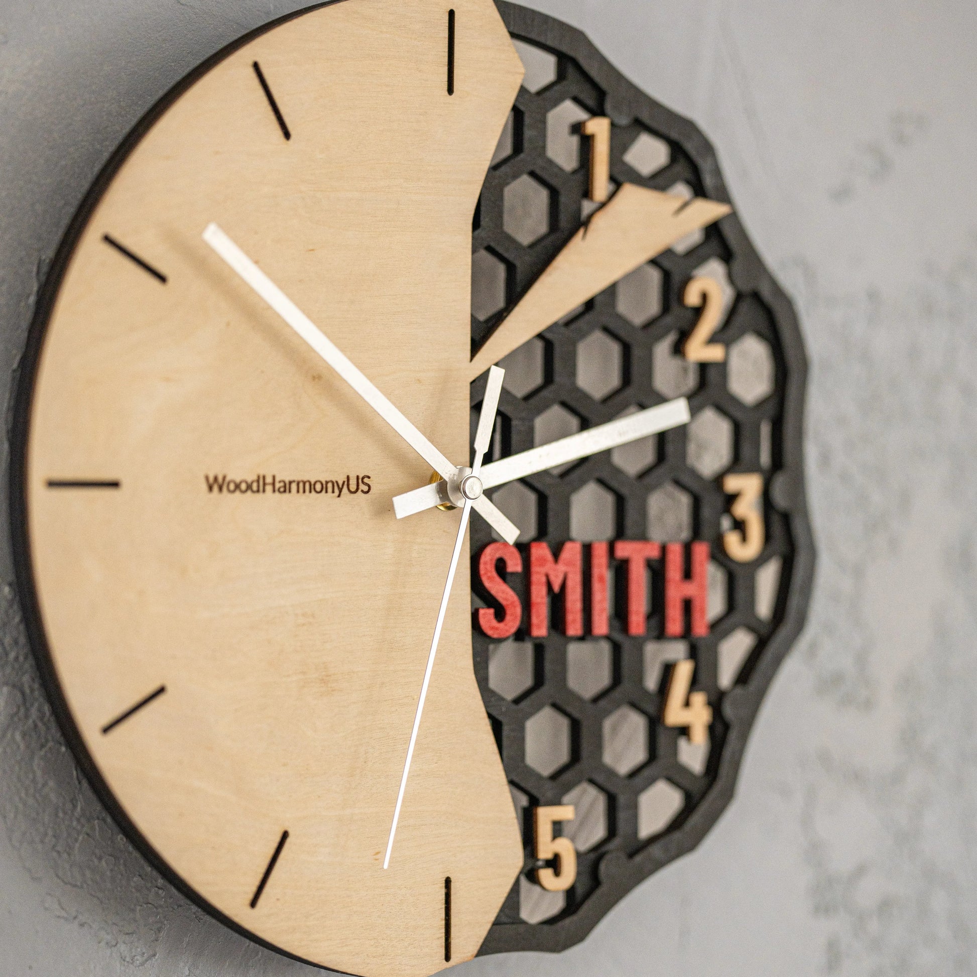 Personalized Wooden Wall Clock — Custom Name Modern Honeycomb Design WoodHarmonyUs