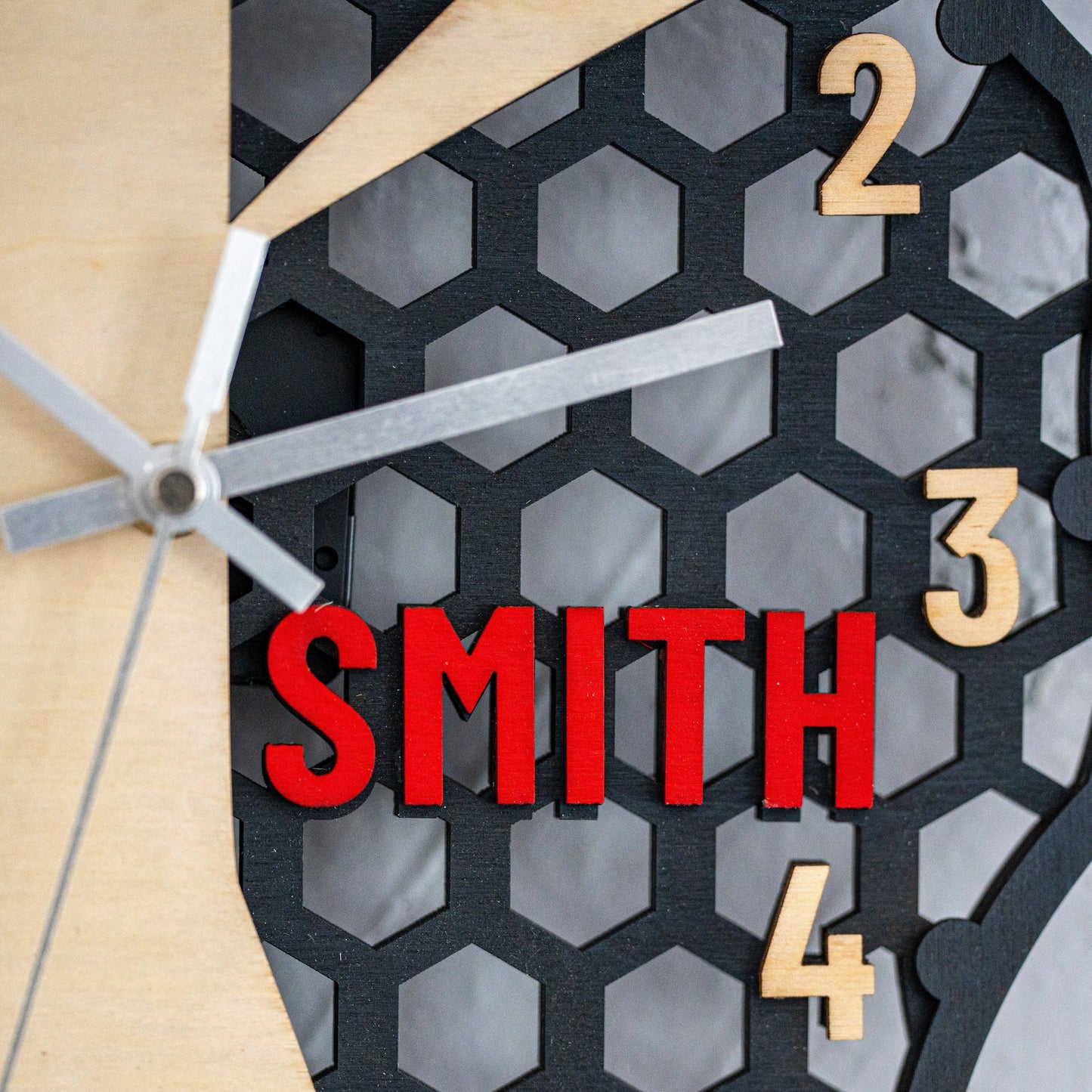 Personalized Wooden Wall Clock — Custom Name Modern Honeycomb Design WoodHarmonyUs