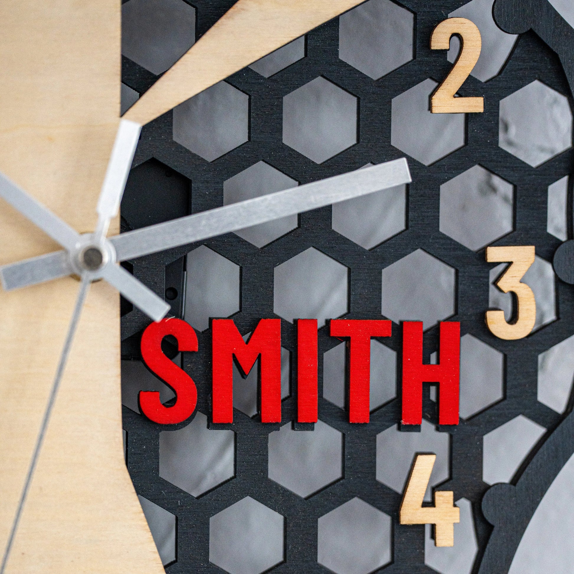 Personalized Wooden Wall Clock — Custom Name Modern Honeycomb Design WoodHarmonyUs
