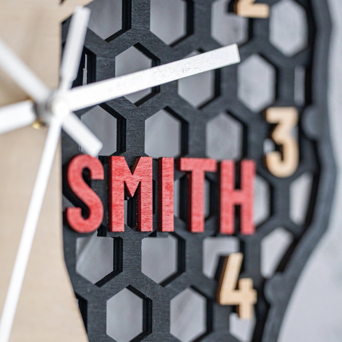 Personalized Wooden Wall Clock — Custom Name Modern Honeycomb Design WoodHarmonyUs
