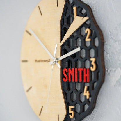 Personalized Wooden Wall Clock — Custom Name Modern Honeycomb Design WoodHarmonyUs