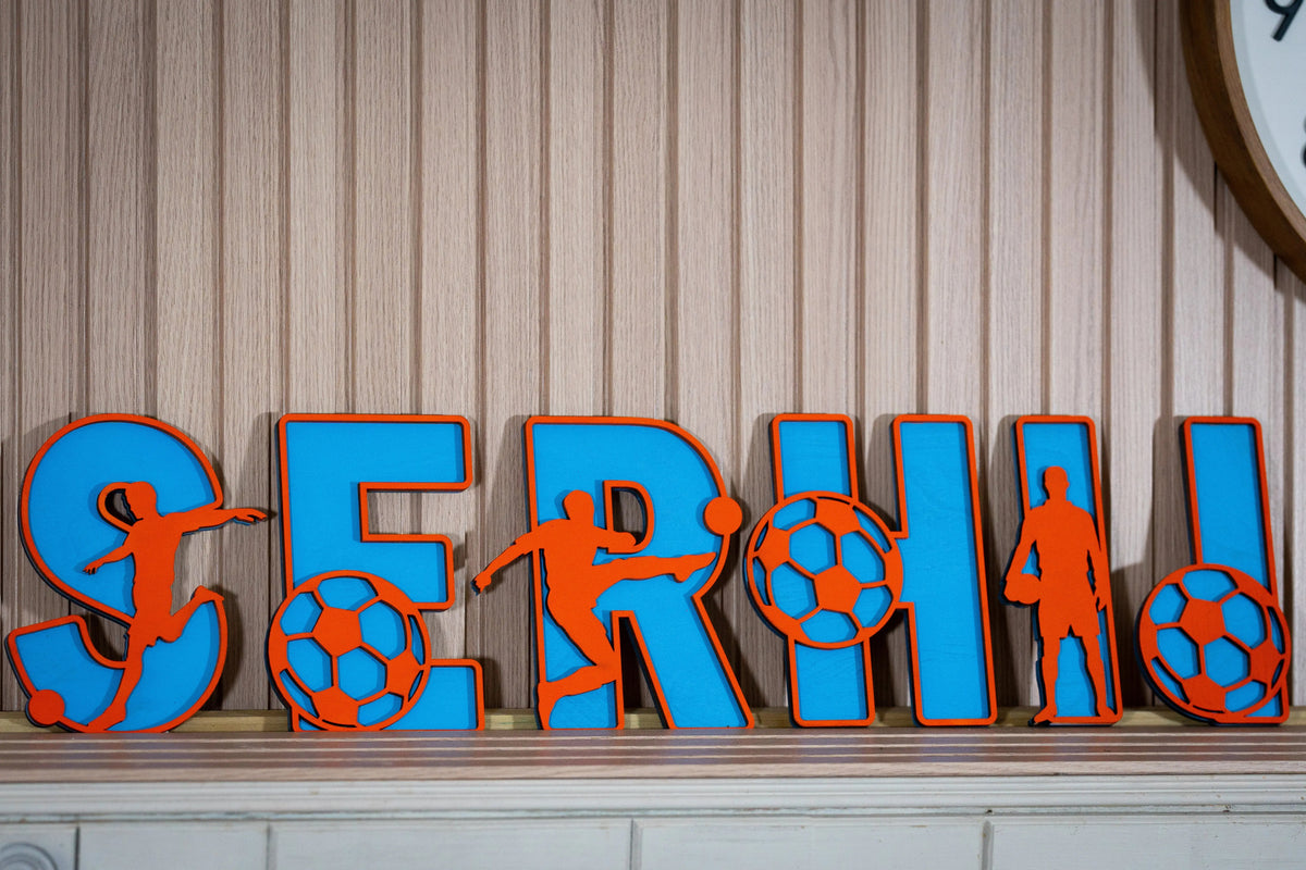Custom Soccer Name Sign – Boys Room Decor – Freestanding Wooden Letters – Personalized Gift with Football Theme – Nursery Wall Art