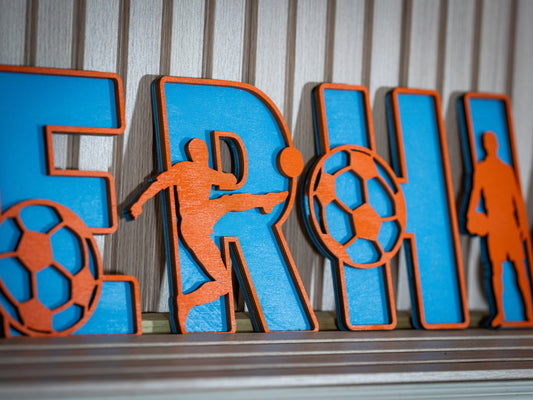 Custom Soccer Name Sign – Boys Room Decor – Freestanding Wooden Letters – Personalized Gift with Football Theme – Nursery Wall Art