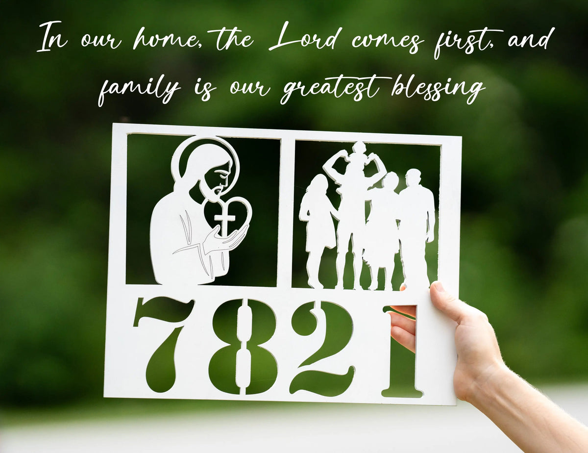 Christian House Number Sign – Jesus & Family – “The Lord Comes First in Our Home” Plywood