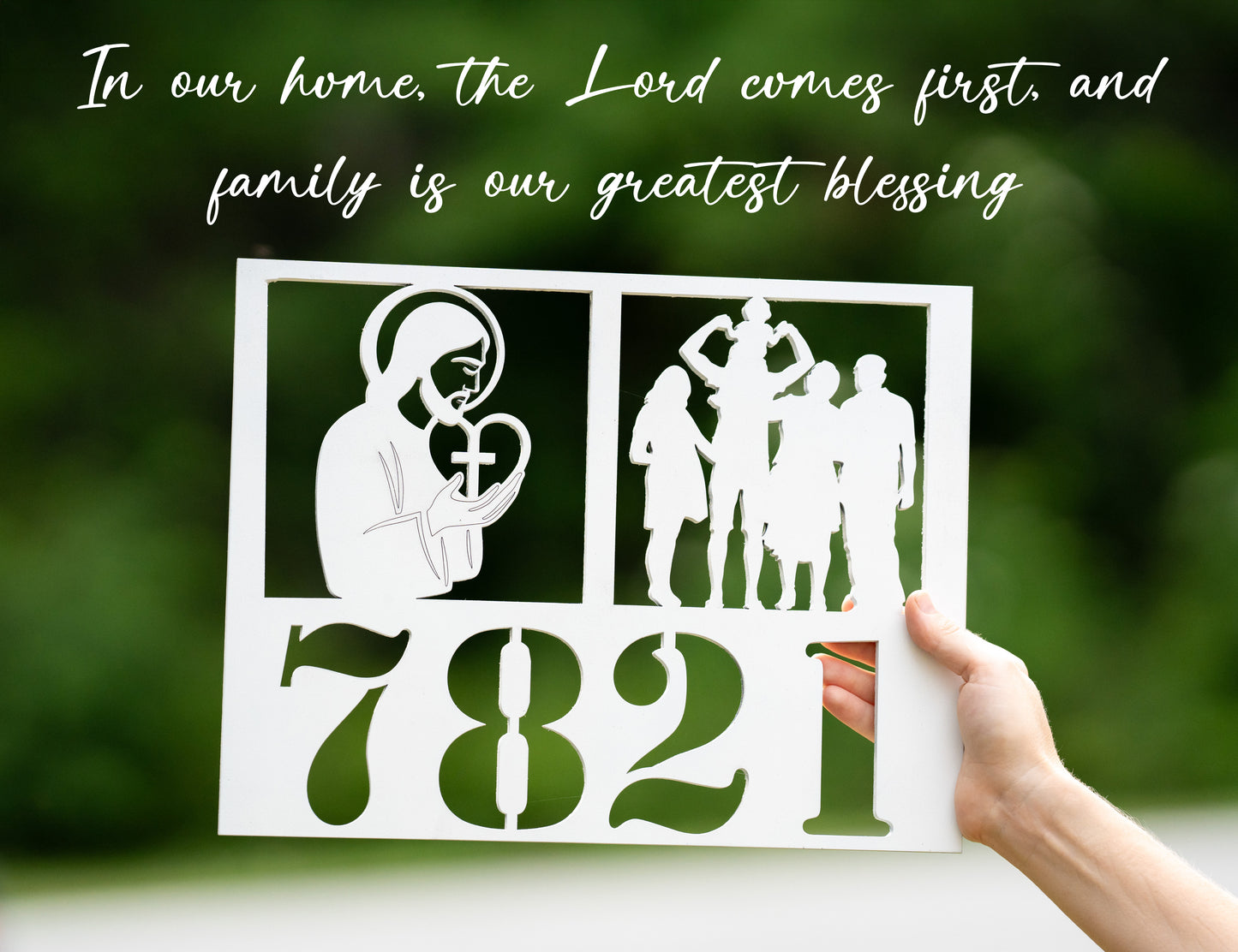 Christian House Number Sign – Jesus & Family – “The Lord Comes First in Our Home” Plywood