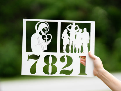 Christian House Number Sign – Jesus & Family – “The Lord Comes First in Our Home” Plywood
