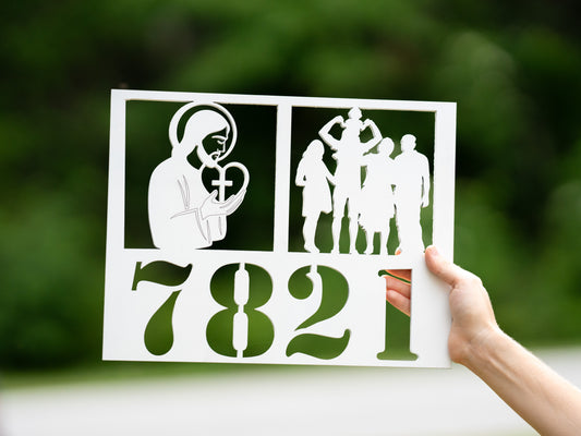Christian House Number Sign – Jesus & Family – “The Lord Comes First in Our Home” Plywood