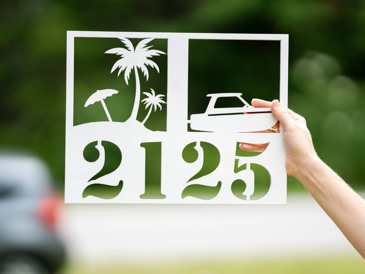 House Number Sign with Boat & Palms – Coastal Vibes for Your Home