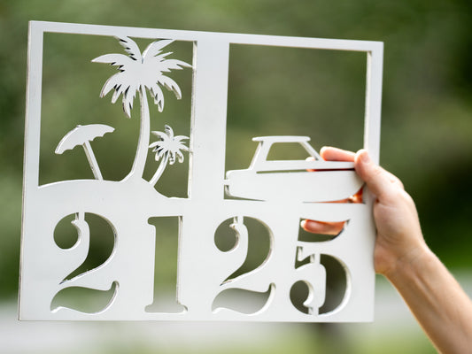 House Number Sign with Boat & Palms – Coastal Vibes for Your Home