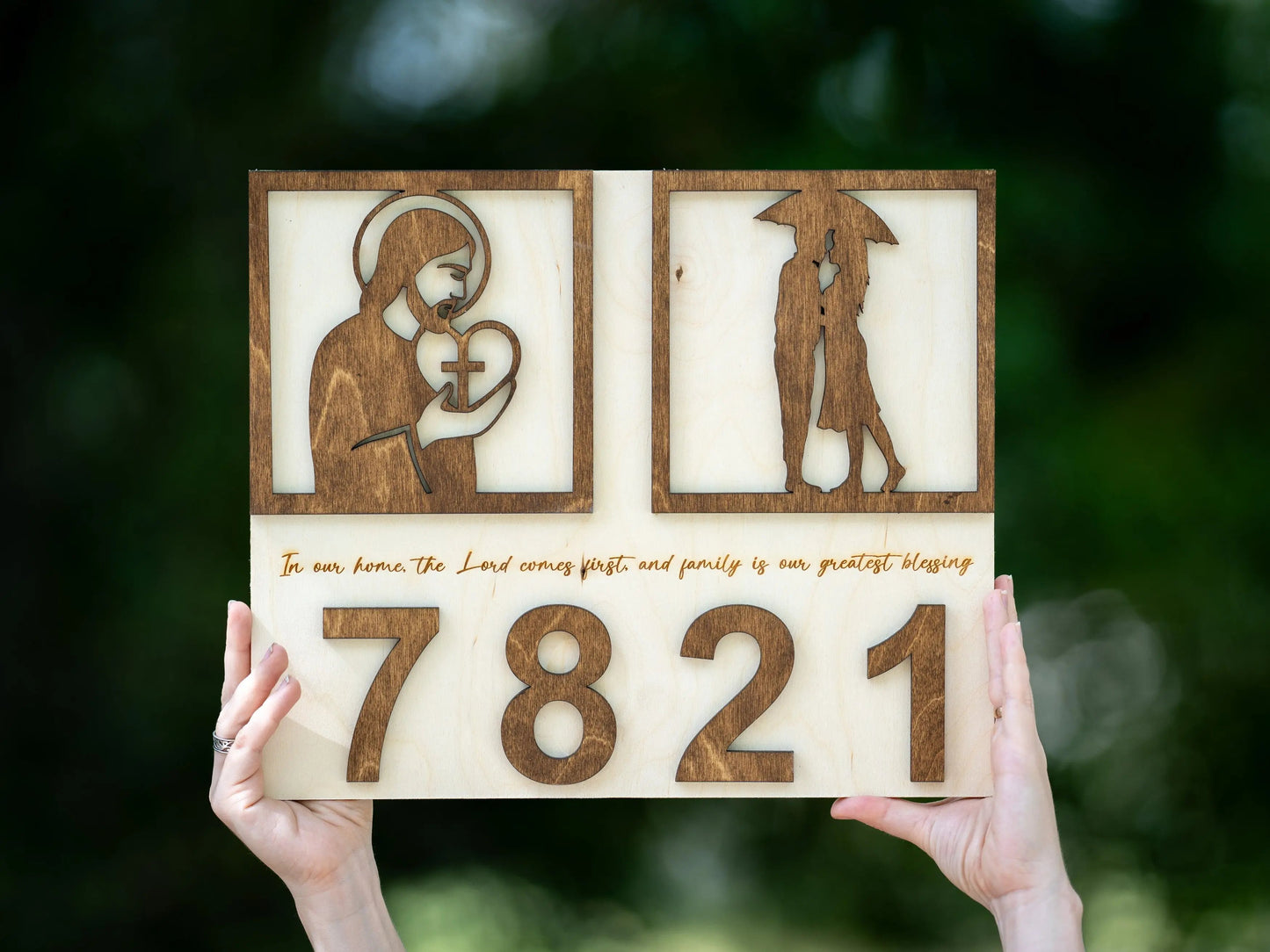 Wooden Christian Address Sign – Jesus & Couple Under Umbrella – Custom House Number (15×12”, 2-Layer) WoodHarmonyUs