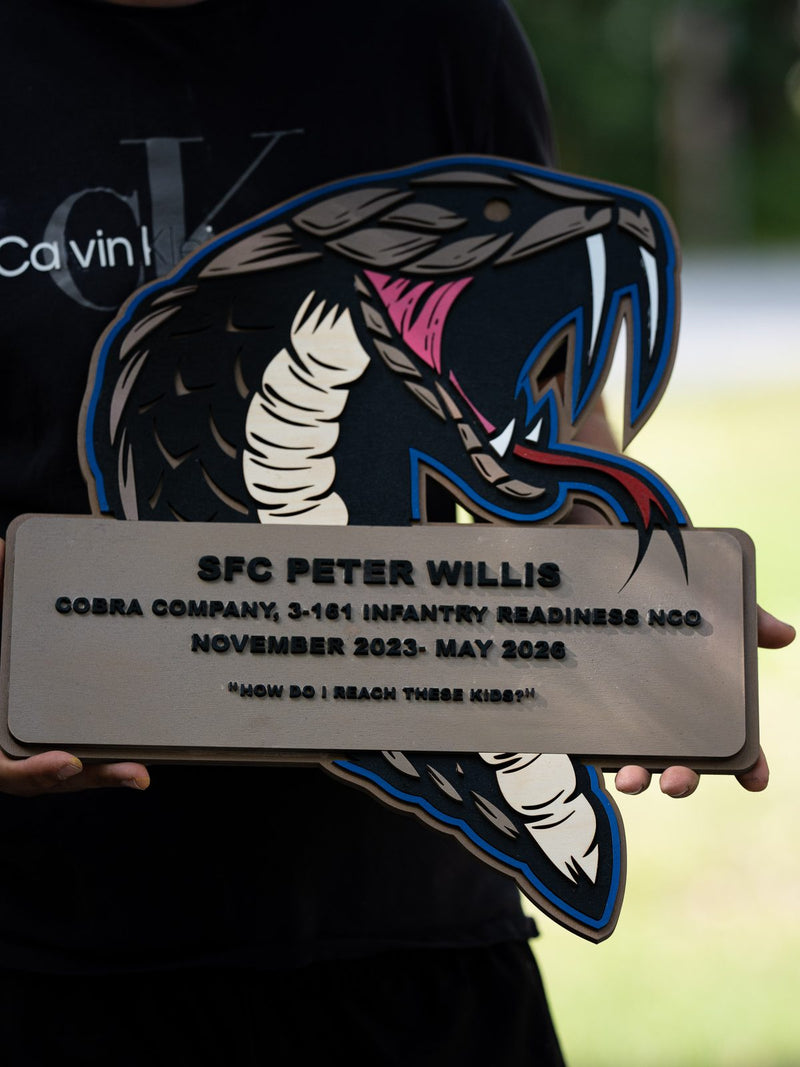 Large layered wood eagle crest with a tan engraved nameplate for SFC Peter Willis, Cobra Company 3-161 Infantry