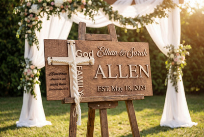 Personalized cord of three strands ceremony sign on a rustic wooden easel in a garden